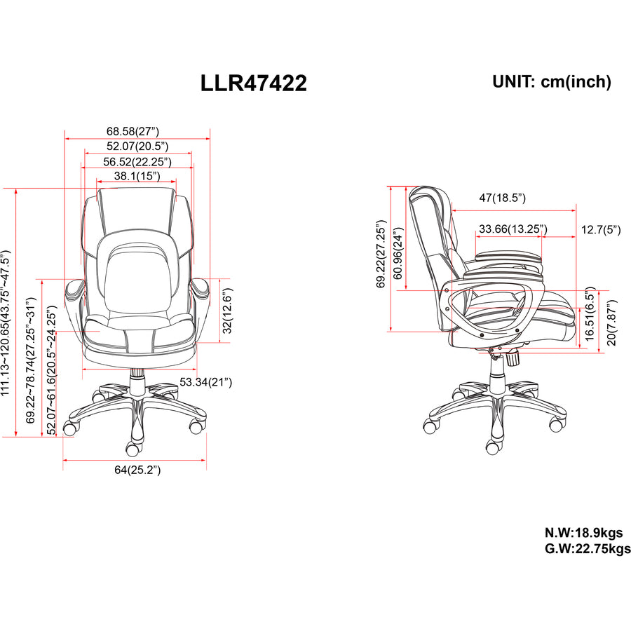 Lorell Wellness by Design Accucel Executive Office Chair - Black Seat Color - Bonded Leather Seat Material - Black Back 