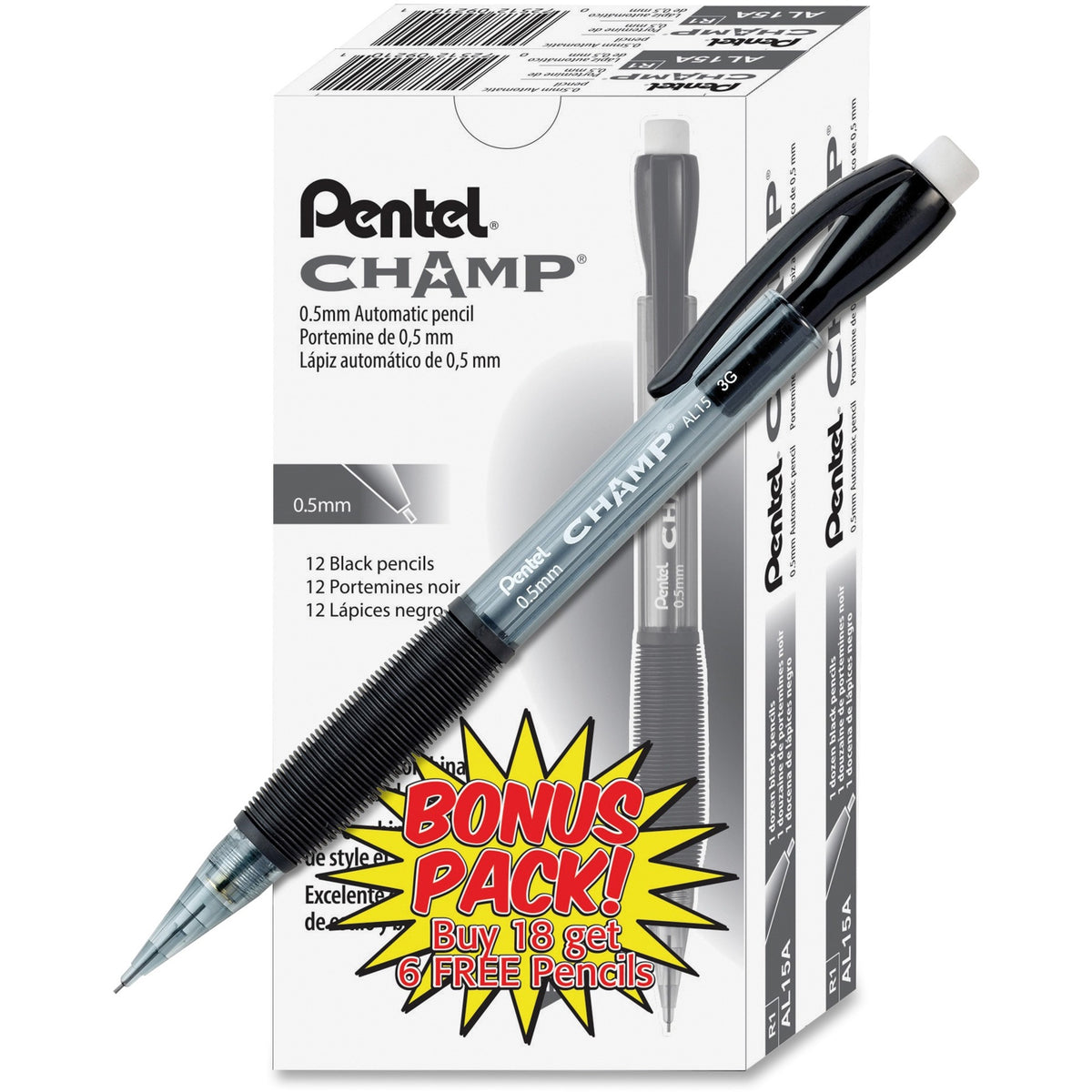 Pentel Champ Mechanical Pencils - 0.5 mm Black Lead - HB - Refillable - Black Barrel - 24 / Pack