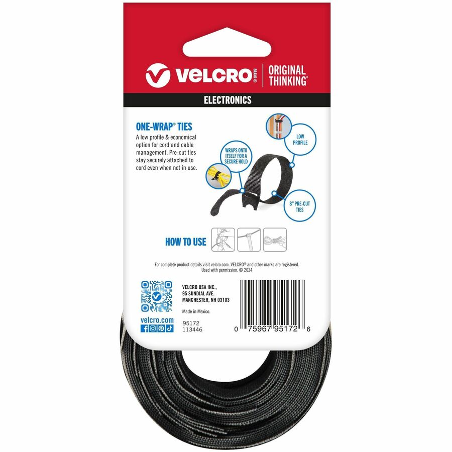 VELCRO® One Wrap Light-duty Thin Bundling Ties - 5" Width x 8" Length - Black - 50 / Pack