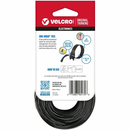 VELCRO® One Wrap Light-duty Thin Bundling Ties - 5" Width x 8" Length - Black - 50 / Pack