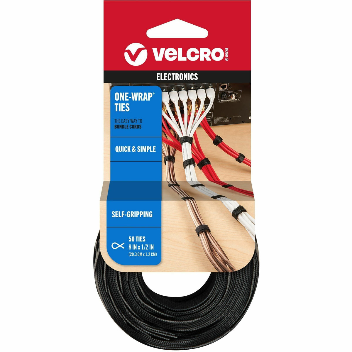 VELCRO® One Wrap Light-duty Thin Bundling Ties - 5" Width x 8" Length - Black - 50 / Pack