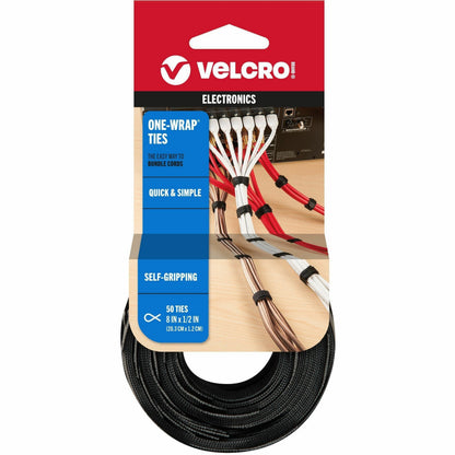 VELCRO® One Wrap Light-duty Thin Bundling Ties - 5" Width x 8" Length - Black - 50 / Pack