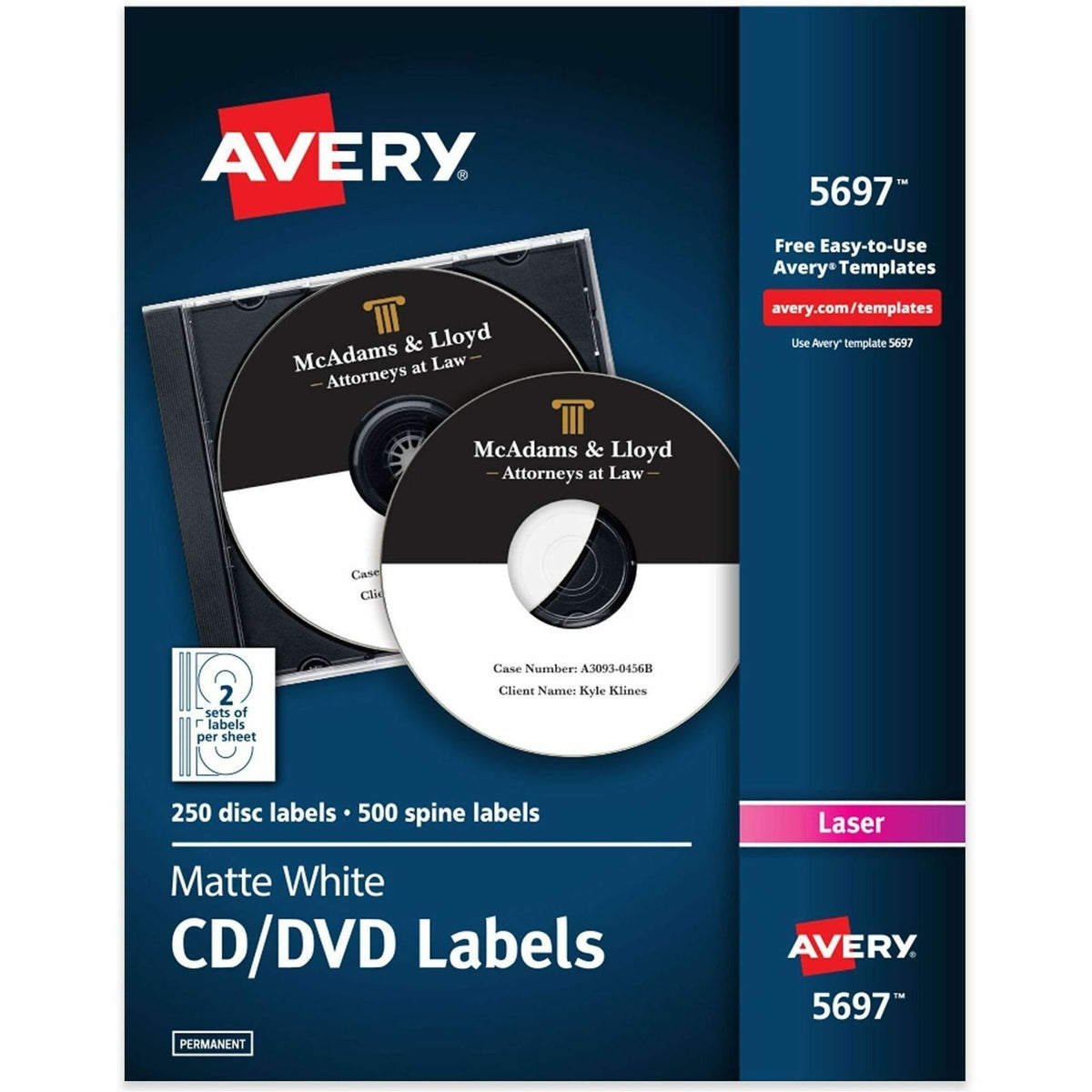 Avery® Customize CD/DVD Labels - Permanent Adhesive - Laser - Matte - Matte White - Paper - 2 / Sheet - 125 Total Sheets