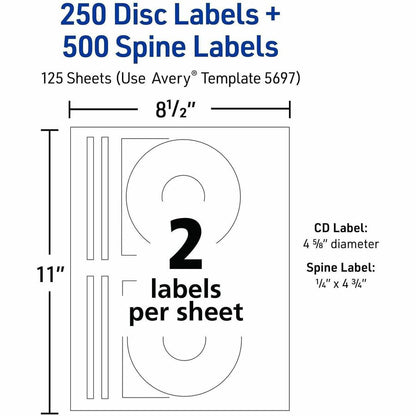 Avery® Customize CD/DVD Labels - Permanent Adhesive - Laser - Matte - Matte White - Paper - 2 / Sheet - 125 Total Sheets