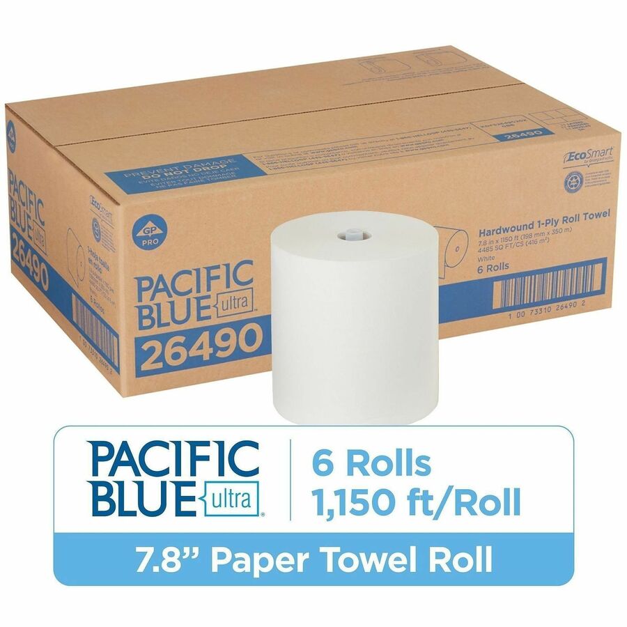 Pacific Blue Ultra High-Capacity Recycled Paper Towel Rolls - 7.87" Width x 1150 ft Length - White - Paper - 6 Rolls Per