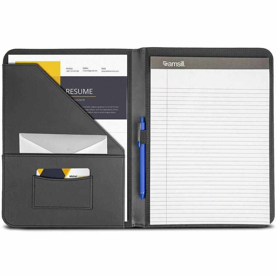 Samsill Letter Pad Folio - 8 1/2" x 11" - Leather - Black - 1 Each