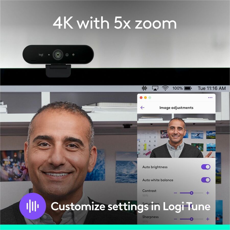Logitech BRIO Webcam - 90 fps - Black - USB 3.0 - 4096 x 2160 Video - Auto-focus - Clip, Tripod Mount - 5x Digital Zoom 