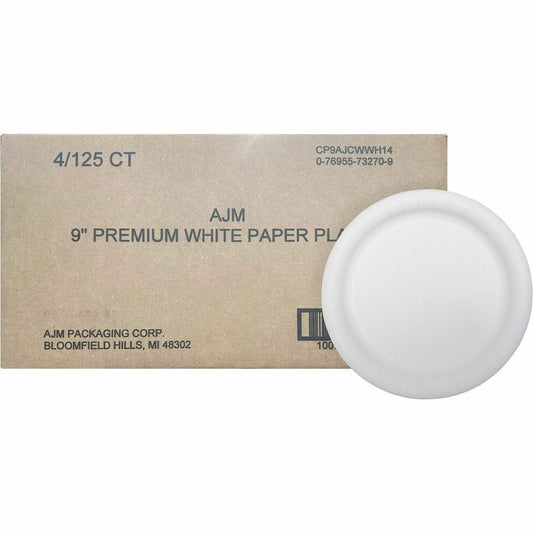 AJM 9" Dinnerware Paper Plates - Disposable - 9" Diameter - White - Paper Body - 125/Pack - 4 / Carton