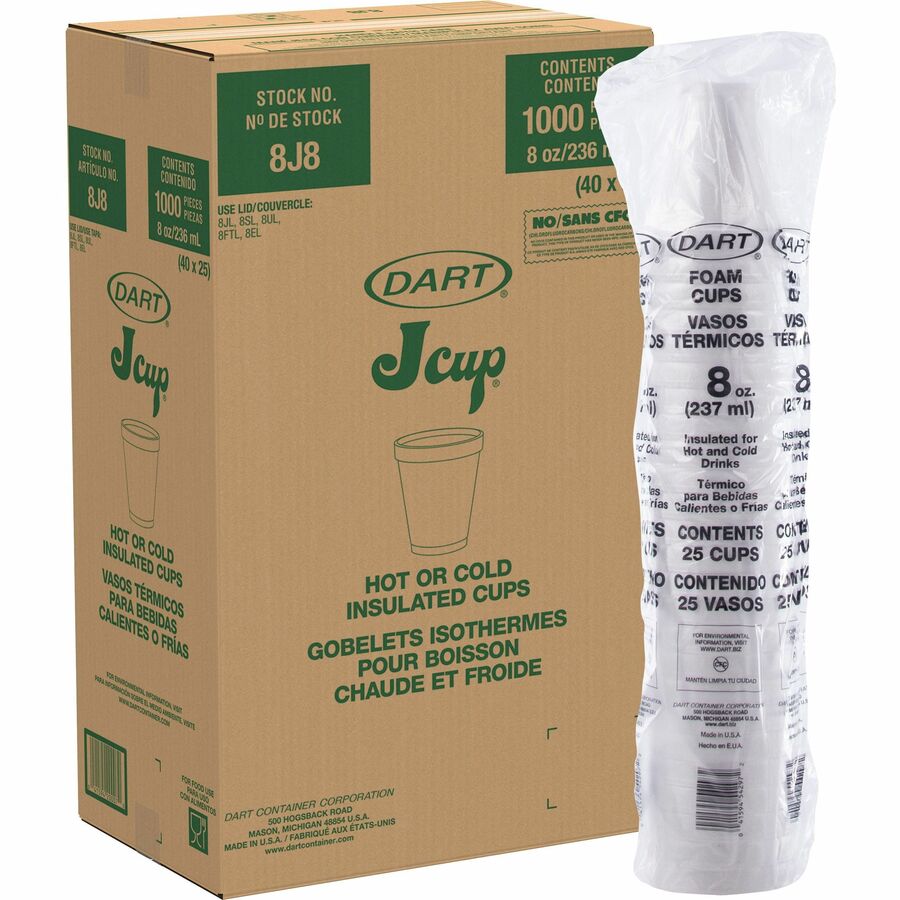 Dart J Cup 8 oz Insulated Foam Cups - 8 fl oz - White - Foam - 40 / Carton