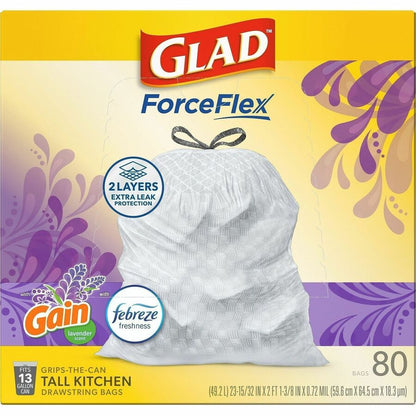 Glad ForceFlex Tall Kitchen Drawstring Trash Bags - Gain Lavender with Febreze Freshness - 13 gal Capacity - 1 Box