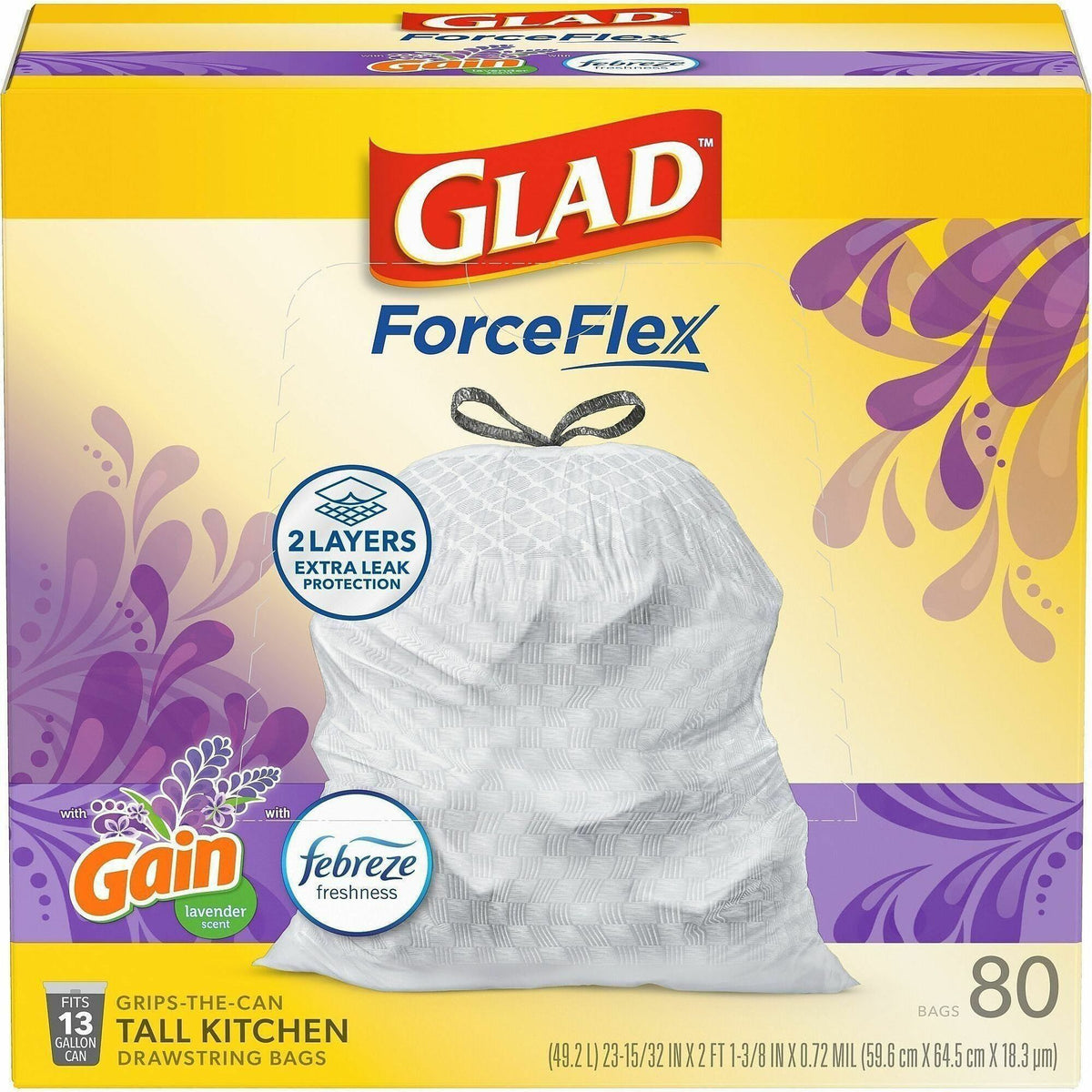 Glad ForceFlex Tall Kitchen Drawstring Trash Bags - Gain Lavender with Febreze Freshness - 13 gal Capacity - 1 Box