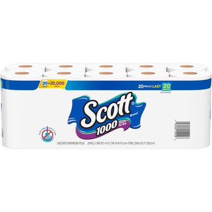 Scott Toilet Paper - 1 Ply - 1000 Sheets/Roll - White - PaperPack - 20/Pack - 2 / Carton