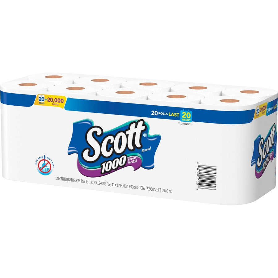 Scott Toilet Paper - 1 Ply - 1000 Sheets/Roll - White - PaperPack - 20/Pack - 2 / Carton