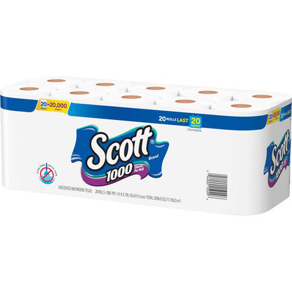 Scott Toilet Paper - 1 Ply - 1000 Sheets/Roll - White - PaperPack - 20/Pack - 2 / Carton