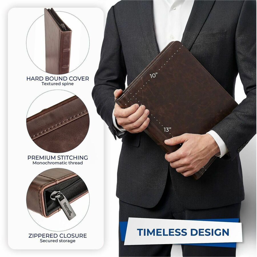 Samsill Letter Pad Folio - 8 1/2" x 11" - Faux Leather, Vinyl - Dark Brown - Pen Loop, Zipper Closure, Notepad, Hard Wea