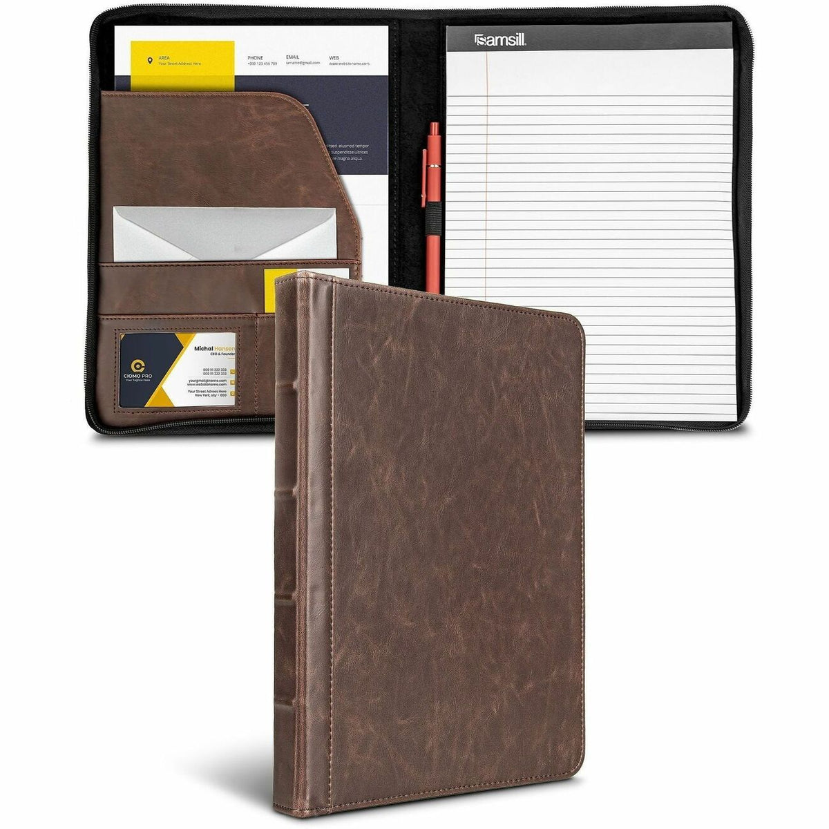 Samsill Letter Pad Folio - 8 1/2" x 11" - Faux Leather, Vinyl - Dark Brown - Pen Loop, Zipper Closure, Notepad, Hard Wea