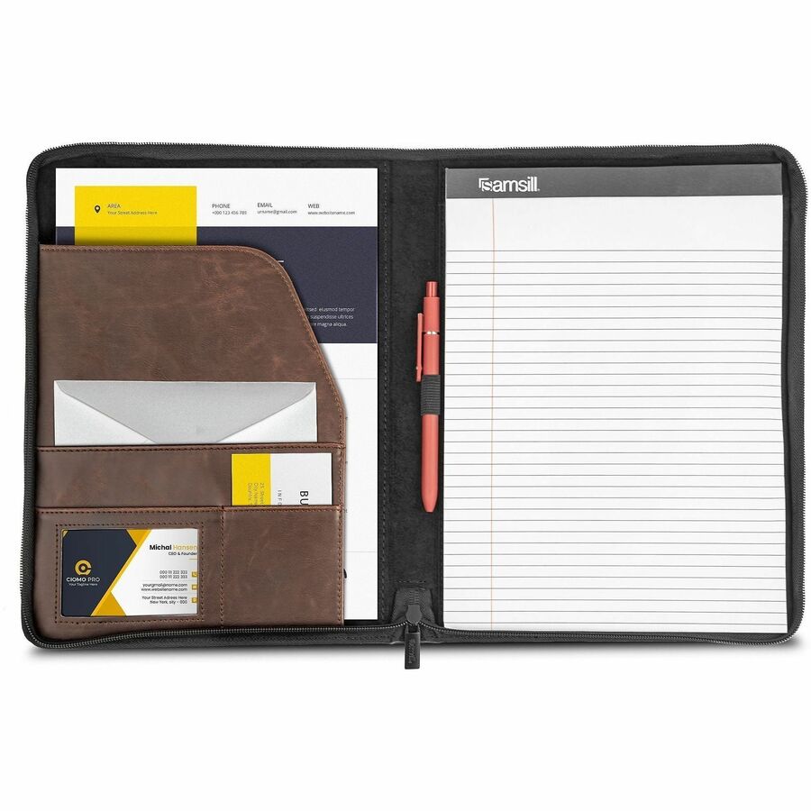 Samsill Letter Pad Folio - 8 1/2" x 11" - Faux Leather, Vinyl - Dark Brown - Pen Loop, Zipper Closure, Notepad, Hard Wea