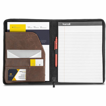 Samsill Letter Pad Folio - 8 1/2" x 11" - Faux Leather, Vinyl - Dark Brown - Pen Loop, Zipper Closure, Notepad, Hard Wea