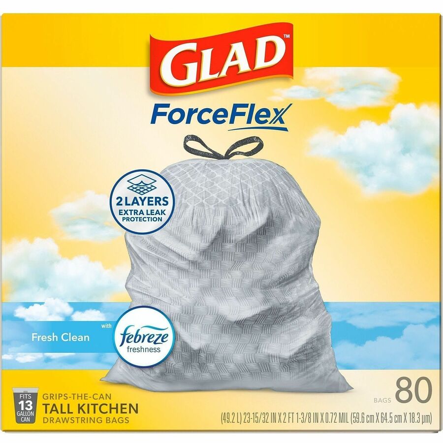 Glad ForceFlex Tall Kitchen Drawstring Trash Bags - Fresh Clean with Febreze Freshness - 13 gal Capacity - 0.72 mil (18 