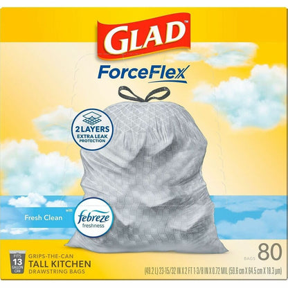 Glad ForceFlex Tall Kitchen Drawstring Trash Bags - Fresh Clean with Febreze Freshness - 13 gal Capacity - 0.72 mil (18 