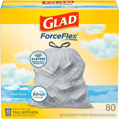 Glad ForceFlex Tall Kitchen Drawstring Trash Bags - Fresh Clean with Febreze Freshness - 13 gal Capacity - 0.72 mil (18 