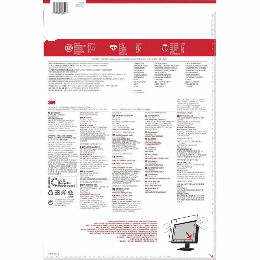3M High Clarity Privacy Filter Black, Glossy - For 23.8" Widescreen LCD Monitor - 16:9 - Scratch Resistant, Dust Resista