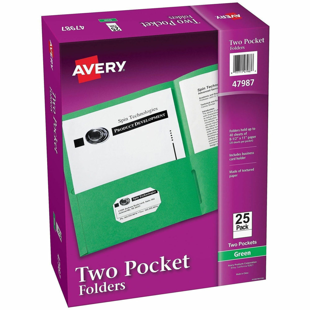 Avery® Letter Pocket Folder - 8 1/2" x 11" - 40 Sheets Capacity - 2 Internal Pocket - Embossed Paper - Green - Embossed 