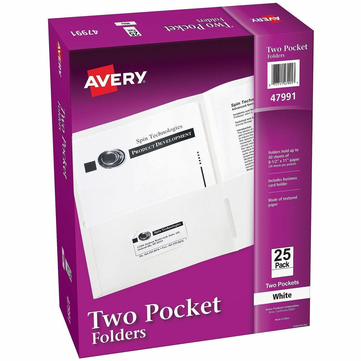 Avery® Letter Pocket Folder - 8 1/2" x 11" - 40 Sheets Capacity - 2 Internal Pocket - Embossed Paper - White - Embossed 