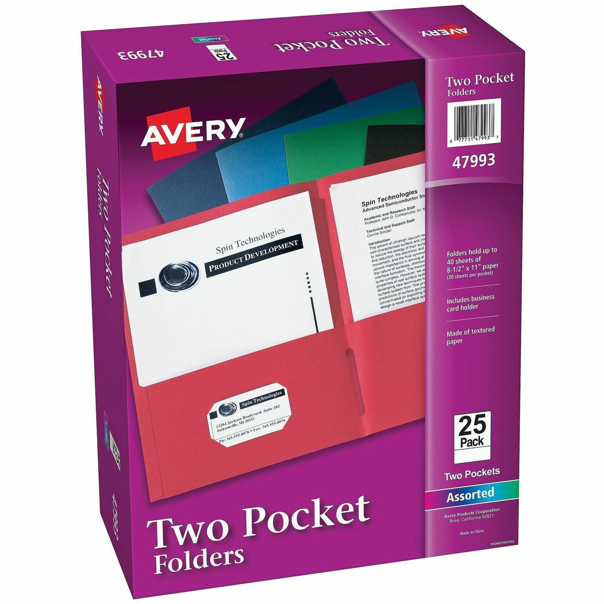 Avery® Letter Pocket Folder - 8 1/2" x 11" - 40 Sheets Capacity - 2 Internal Pocket - Embossed Paper - Assorted - Emboss