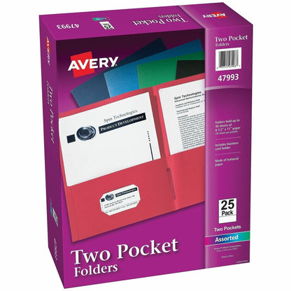 Avery® Letter Pocket Folder - 8 1/2" x 11" - 40 Sheets Capacity - 2 Internal Pocket - Embossed Paper - Assorted - Emboss