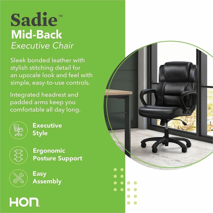 Sadie Mid-Back Executive Chair - Black Seat Color - SofThread Leather Seat Material - Black Back Color - SofThread Leath