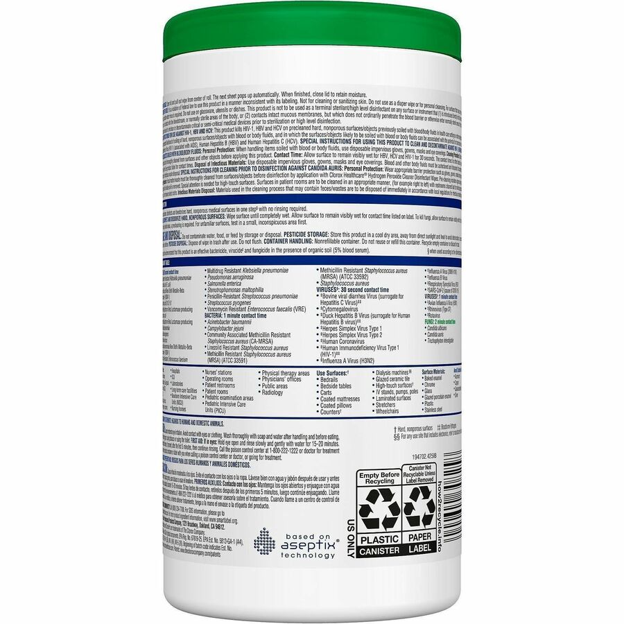Clorox Healthcare Hydrogen Peroxide Cleaner Disinfectant Wipes - For Multipurpose, Multi Surface - Wipe - 5.75" Length x