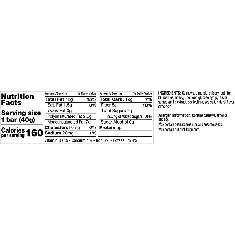 KIND Blueberry Vanilla Cashew Nut Bars - Trans Fat Free, High-fiber, Low Sodium, Dairy-free, Gluten-free, Peanut-free - 