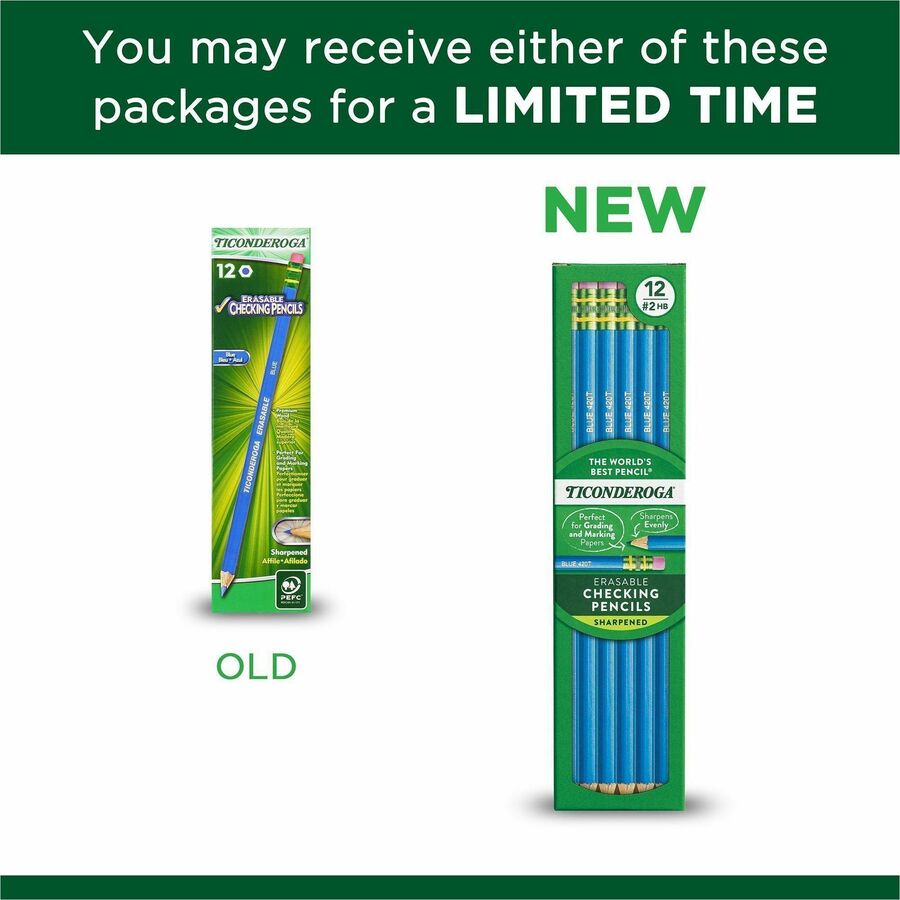 Ticonderoga Pre-Sharpened Erasable Checking Pencils - Blue Lead - HB - 1 Dozen/Box - 6 / Carton