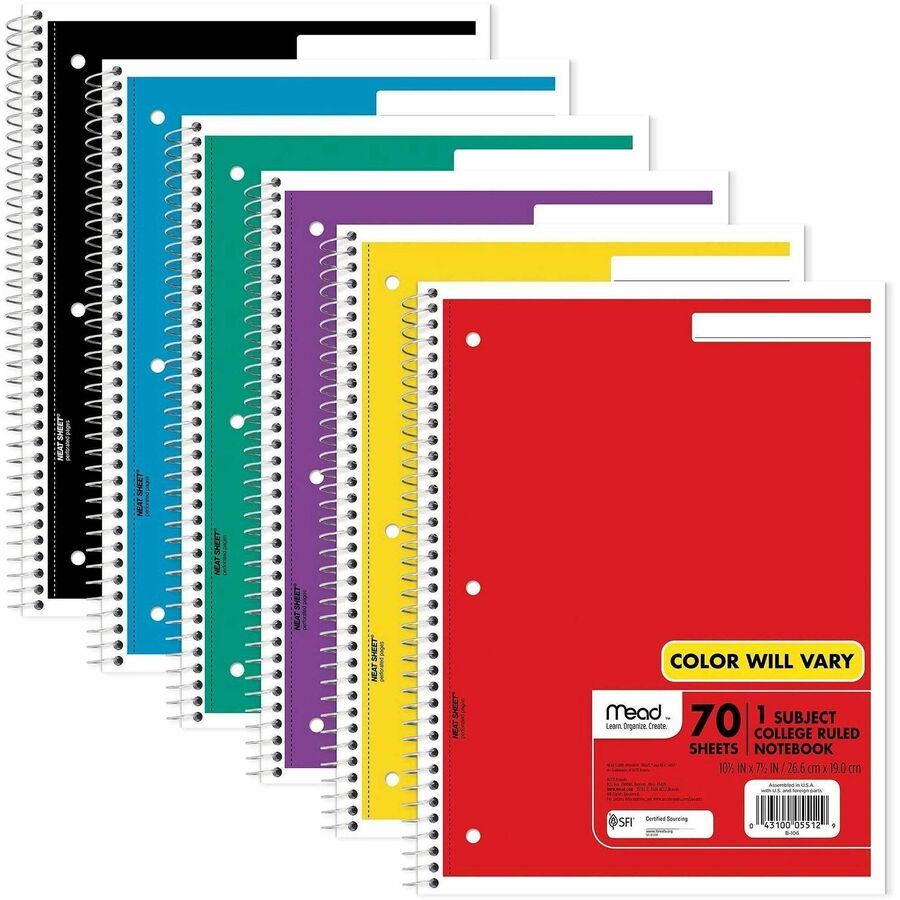 Mead One-subject Spiral Notebook - 70 Sheets - Spiral - College Ruled Front Ruling - 8" x 10 1/2" Sheet Size - White Pap