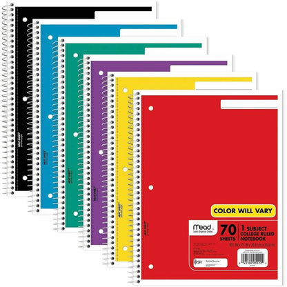 Mead One-subject Spiral Notebook - 70 Sheets - Spiral - College Ruled Front Ruling - 8" x 10 1/2" Sheet Size - White Pap