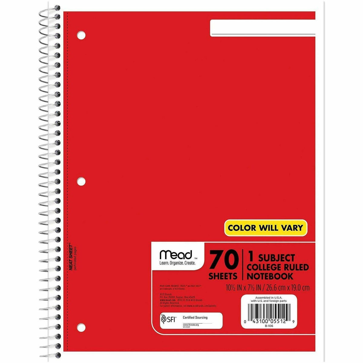 Mead One-subject Spiral Notebook - 70 Sheets - Spiral - College Ruled Front Ruling - 8" x 10 1/2" Sheet Size - White Pap