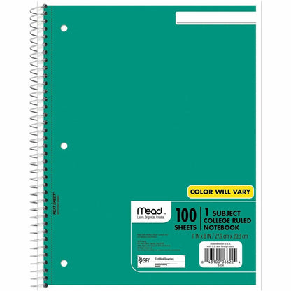 Mead One-subject Spiral Notebook - 100 Sheets - Spiral - College Ruled Front Ruling - 8" x 10 1/2" Sheet Size x 8" Width