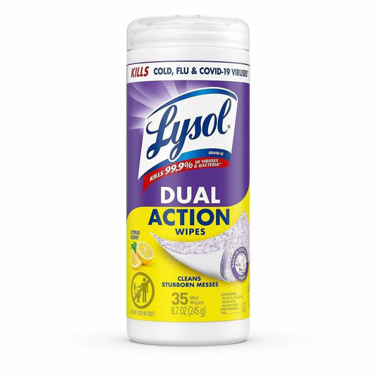 Lysol Dual Action Wipes - For Multi Surface - Citrus Scent - Recommended For: Stain Remover - White/Purple - 35/Tub - 12