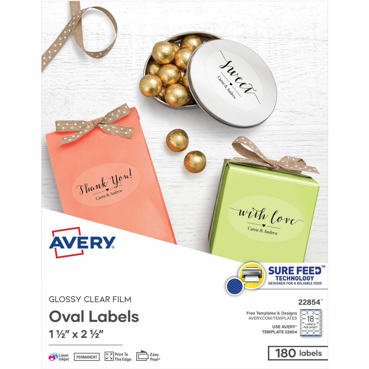 Avery® Sure Feed Glossy Labels - 1 1/2" Width x 2 1/2" Length - Permanent Adhesive - Oval - Laser, Inkjet - Crystal Clea