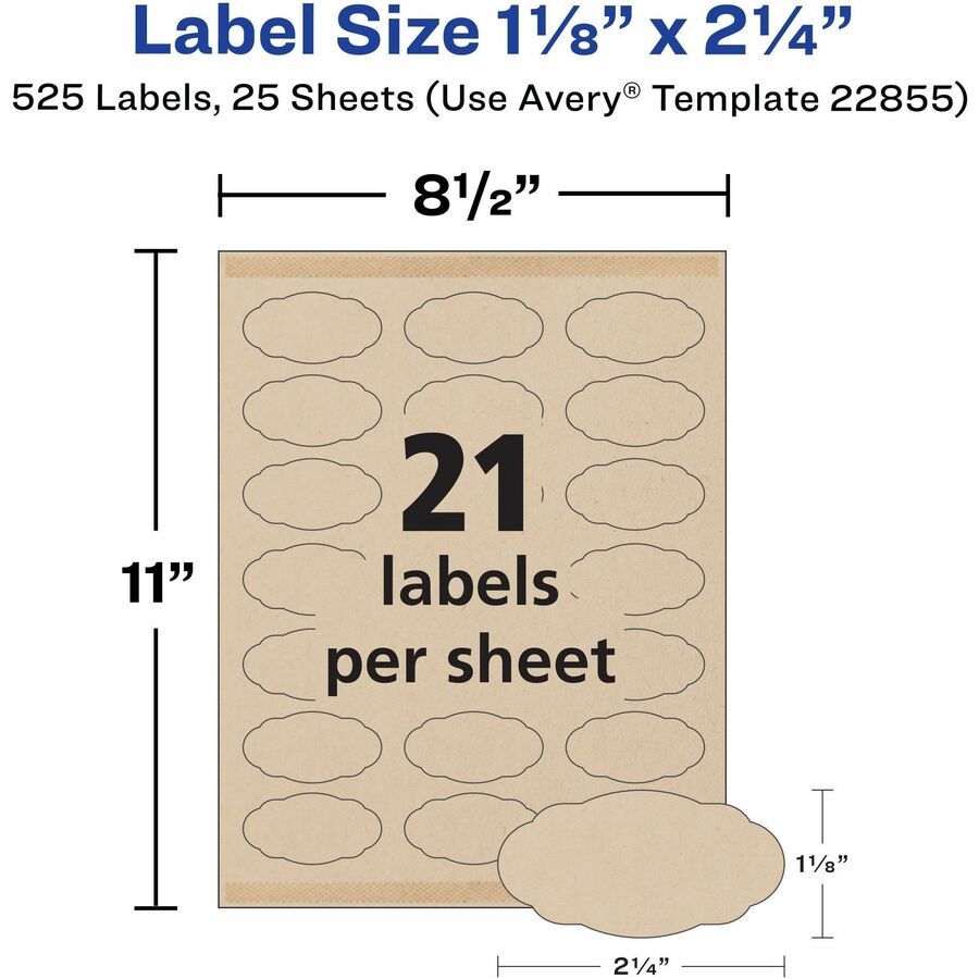 Avery® Multipurpose Label - Waterproof - 1 1/8" Width x 2 1/4" Length - Permanent Adhesive - Oval Scallop - Inkjet, Lase