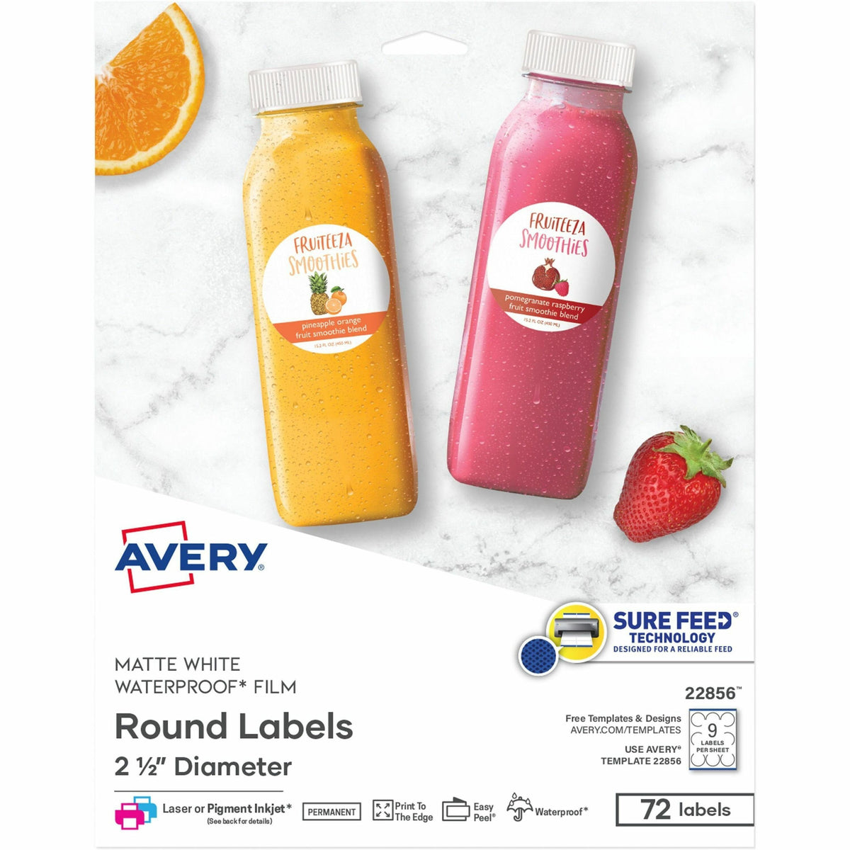 Avery® Waterproof Round Labels, 2.5" Diameter, White, 72ct (22856) - Waterproof - x 2 1/2" Diameter - Permanent Adhesive