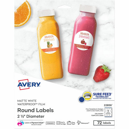 Avery® Waterproof Round Labels, 2.5" Diameter, White, 72ct (22856) - Waterproof - x 2 1/2" Diameter - Permanent Adhesive