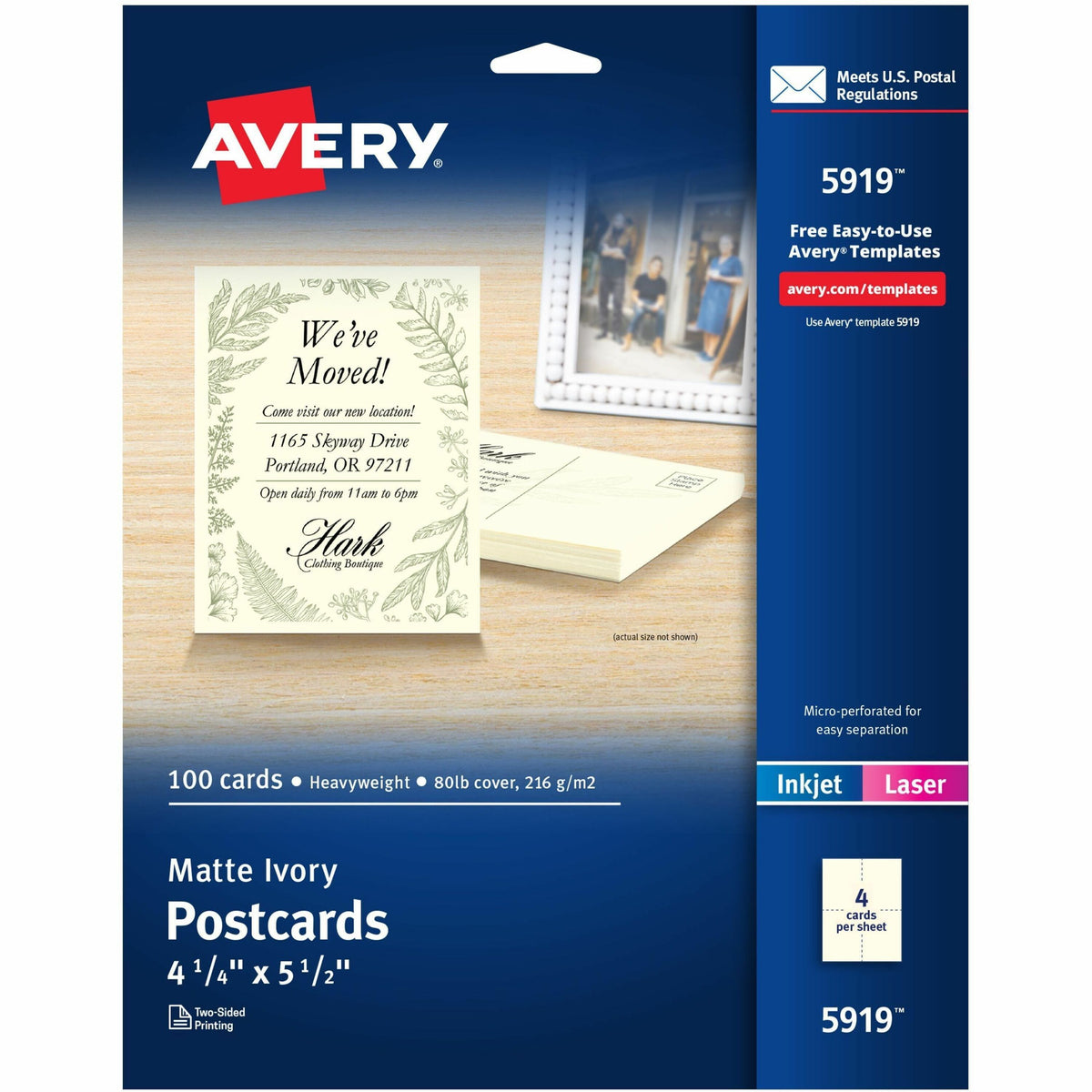 Avery® Postcards, Ivory, Two-Sided, 4-1/4" x 5-1/2" , 100 Cards (5919) - 79 Brightness - 4 1/4" x 5 1/2" - 80 lb Basis W