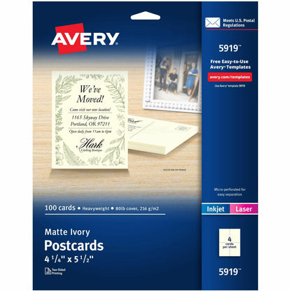 Avery® Postcards, Ivory, Two-Sided, 4-1/4" x 5-1/2" , 100 Cards (5919) - 79 Brightness - 4 1/4" x 5 1/2" - 80 lb Basis W
