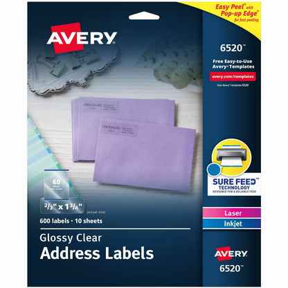 Avery® Easy Peel High Gloss Clear Mailing Labels - 2/3" Width x 1 3/4" Length - Permanent Adhesive - Rectangle - Inkjet,