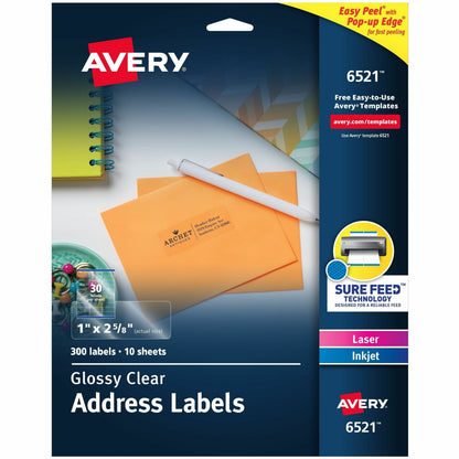 Avery® Address Labels, 1" x 2-5/8" , Glossy Clear, 300ct (6521) - x 1" Width x 2 5/8" Length - Permanent Adhesive - Rect