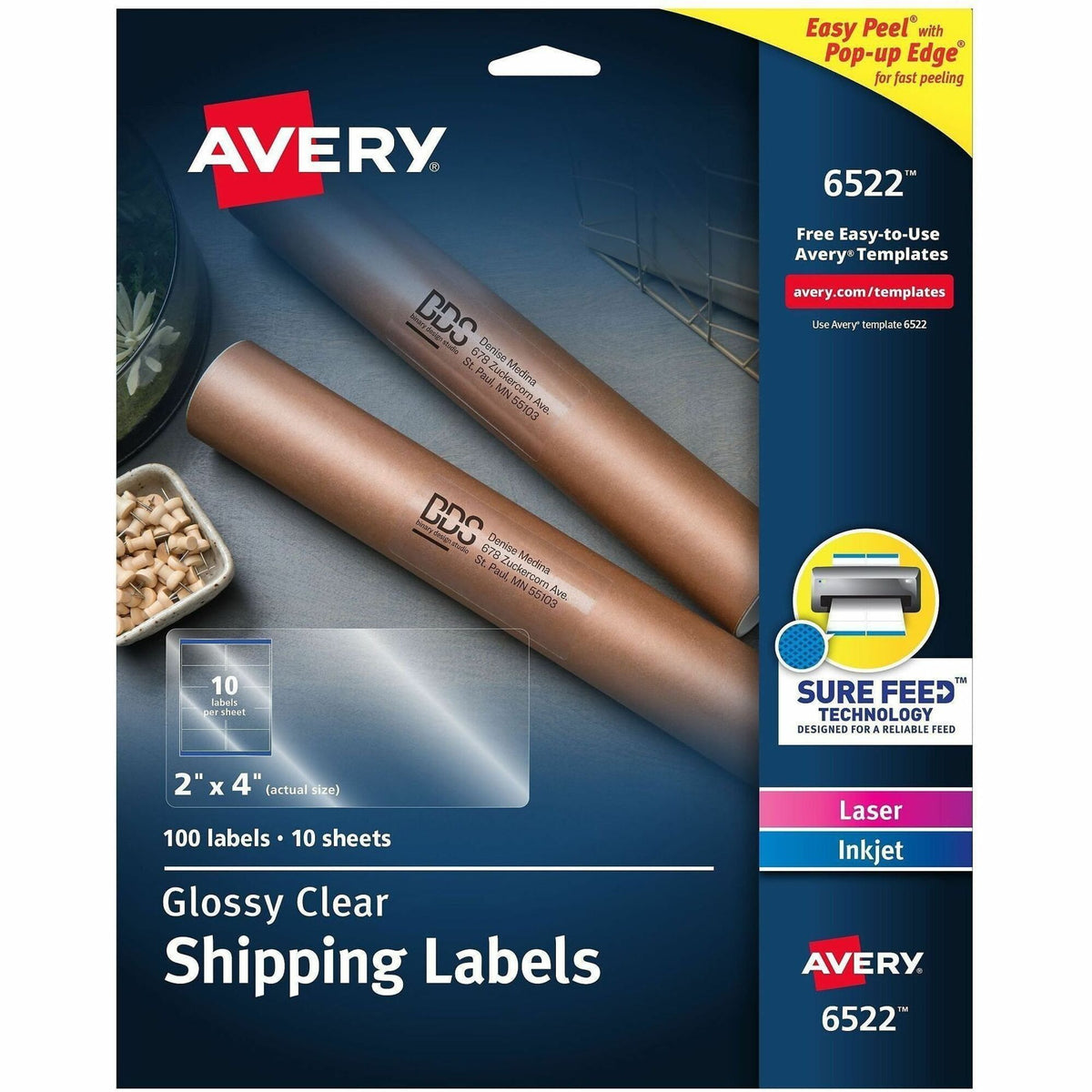 Avery® Shipping Labels, Glossy Clear, 2" x 4" , 100 Labels (6522) - x 2" Width x 4" Length - Permanent Adhesive - Rectan
