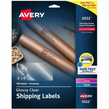 Avery® Shipping Labels, Glossy Clear, 2" x 4" , 100 Labels (6522) - x 2" Width x 4" Length - Permanent Adhesive - Rectan
