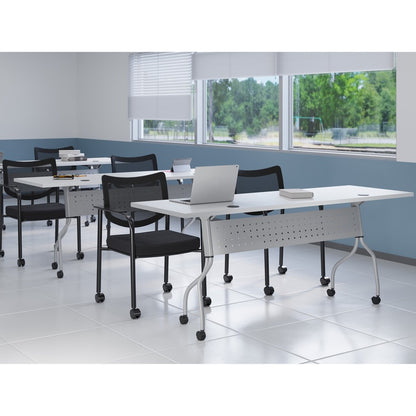 Lorell Mesh Back Guest Chair with Arms - Fabric Seat Material - Plastic Frame Material - Four-legged Base - Black - Armr